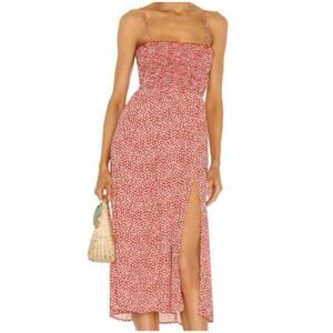 Resa Ashley Midi Sun Dress Small Red Ditsy Floral Slit Smocked Cottagecore Ae18